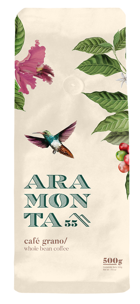 Aramonta beige — whole bean 500g with hummingbird illustration