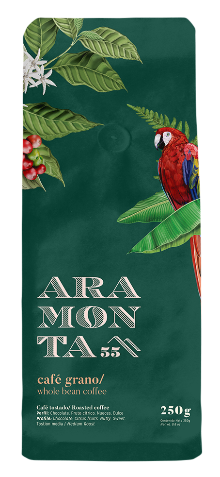 Aramonta — green roasted coffee bag with scarlet macaw illustration