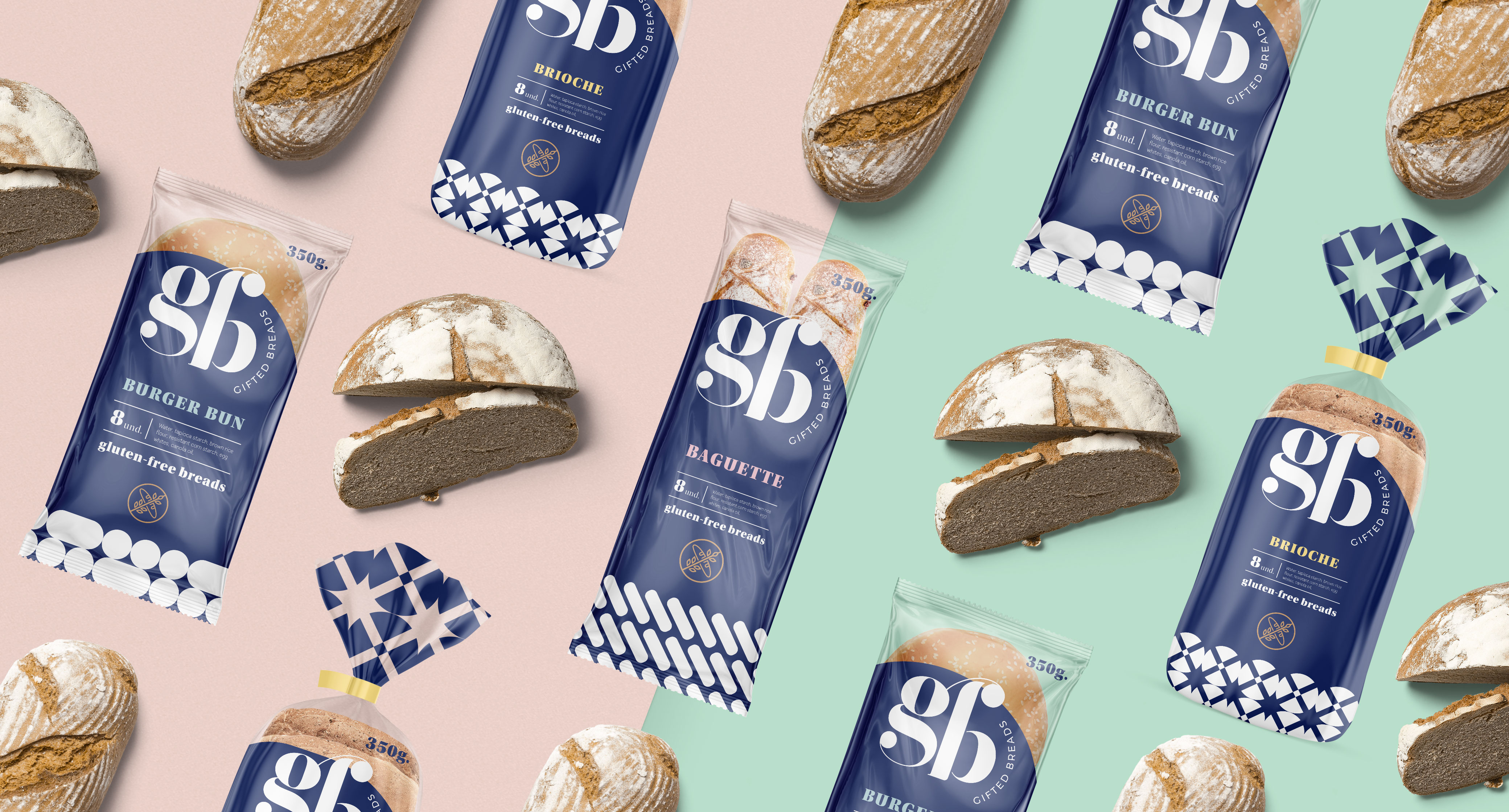 Gifted Breads — packaging lineup: brioche, baguette, burger bun