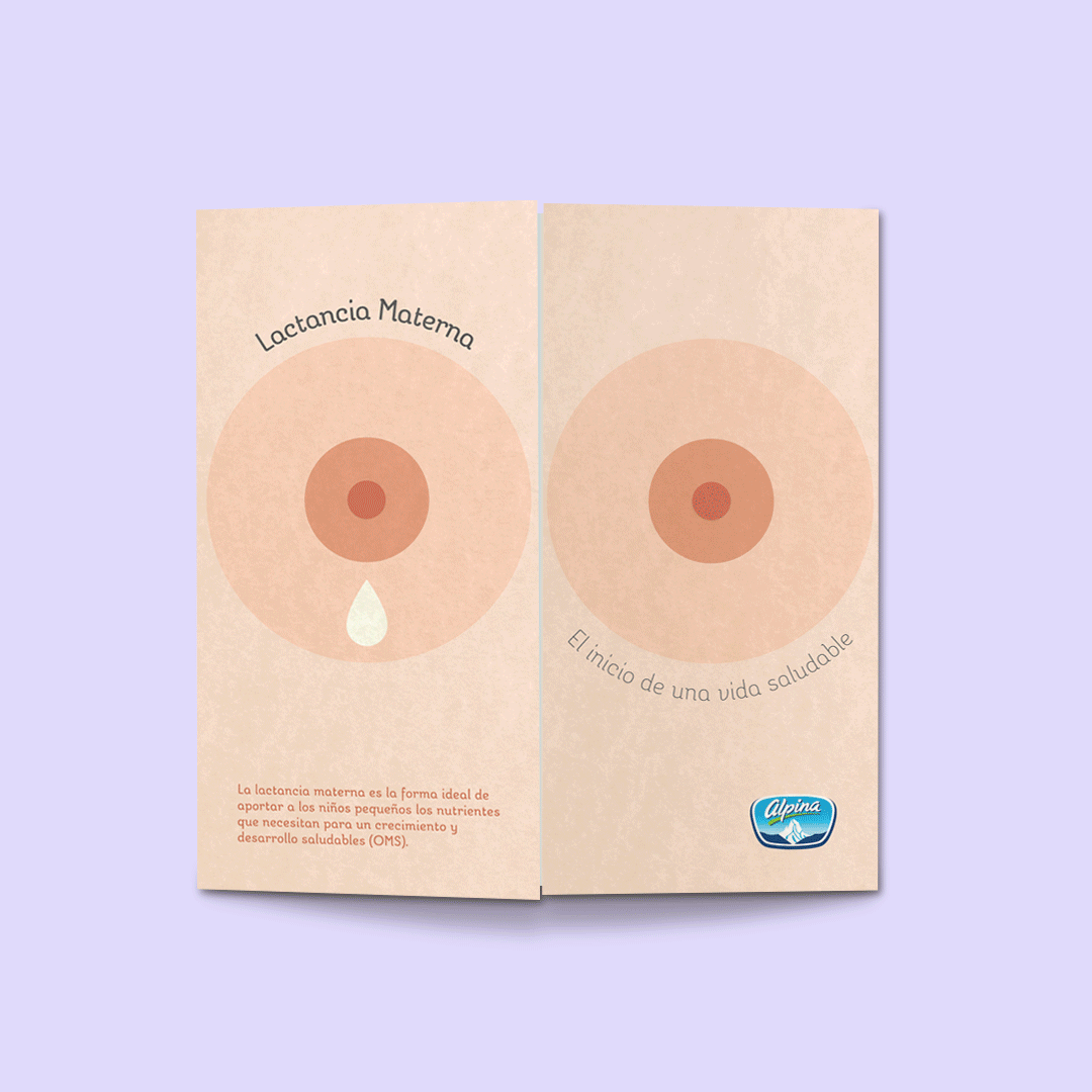 Alpina Baby — Lactancia Materna brochure mockup: illustrated bi-fold, warm peach tones, minimal and bold