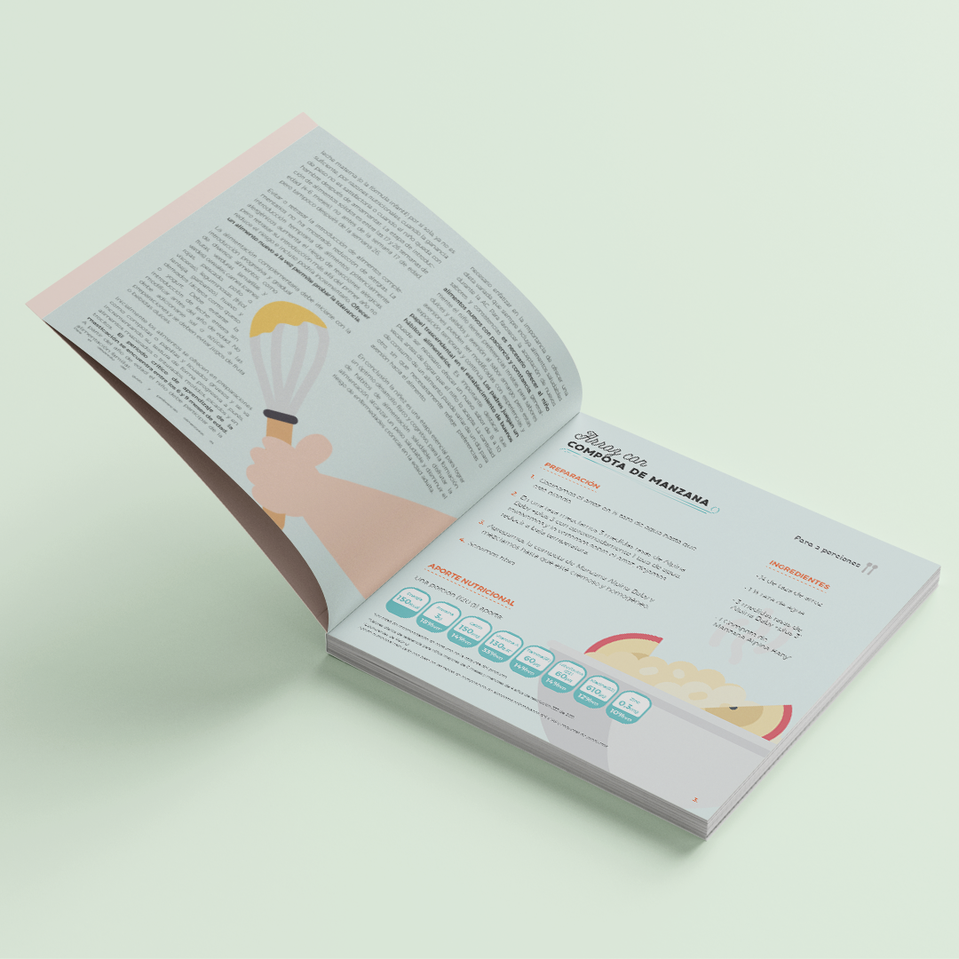 Alpina Baby Recetario — interior spread showing arroz con compota de manzana recipe