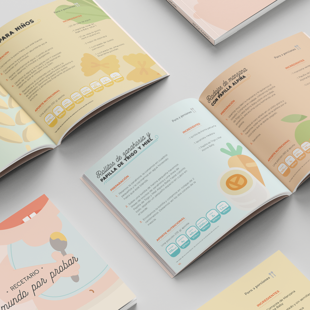 Alpina Baby Recetario — multiple spreads fanned showing rollitos, book cover, and radajas pages
