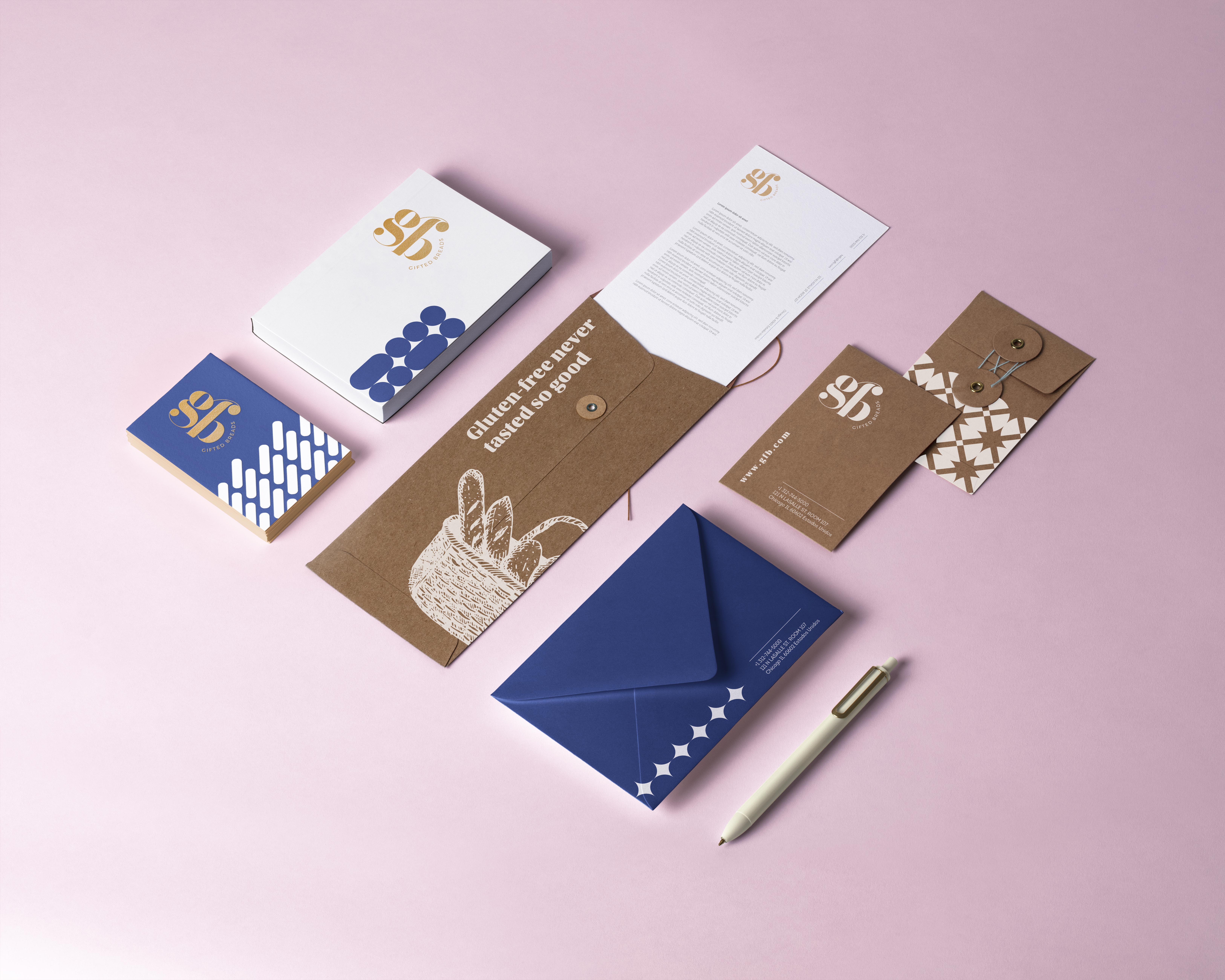 Gifted Breads stationery suite — letterhead, business cards, envelope